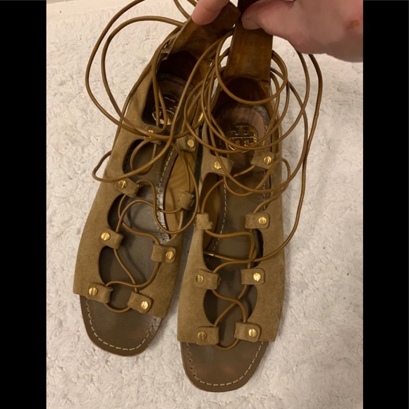 Tory Burch Suede Lace Up Peep Toe Flats - Picture 3 of 6